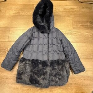 Crewcuts Kids Puffer Coat Navy Blue Faux Fur Hooded Size 10 Girls Dressy